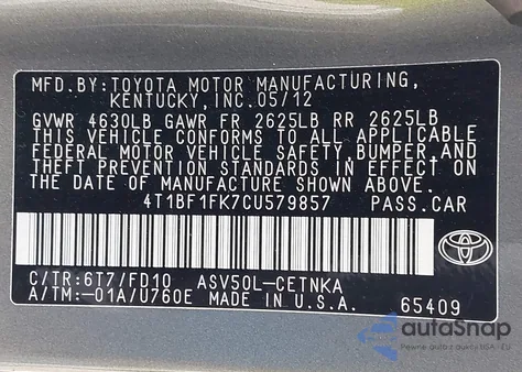 2012 Toyota Camry Le from USA, damaged, VIN 4T1BF1FK7CU579857
